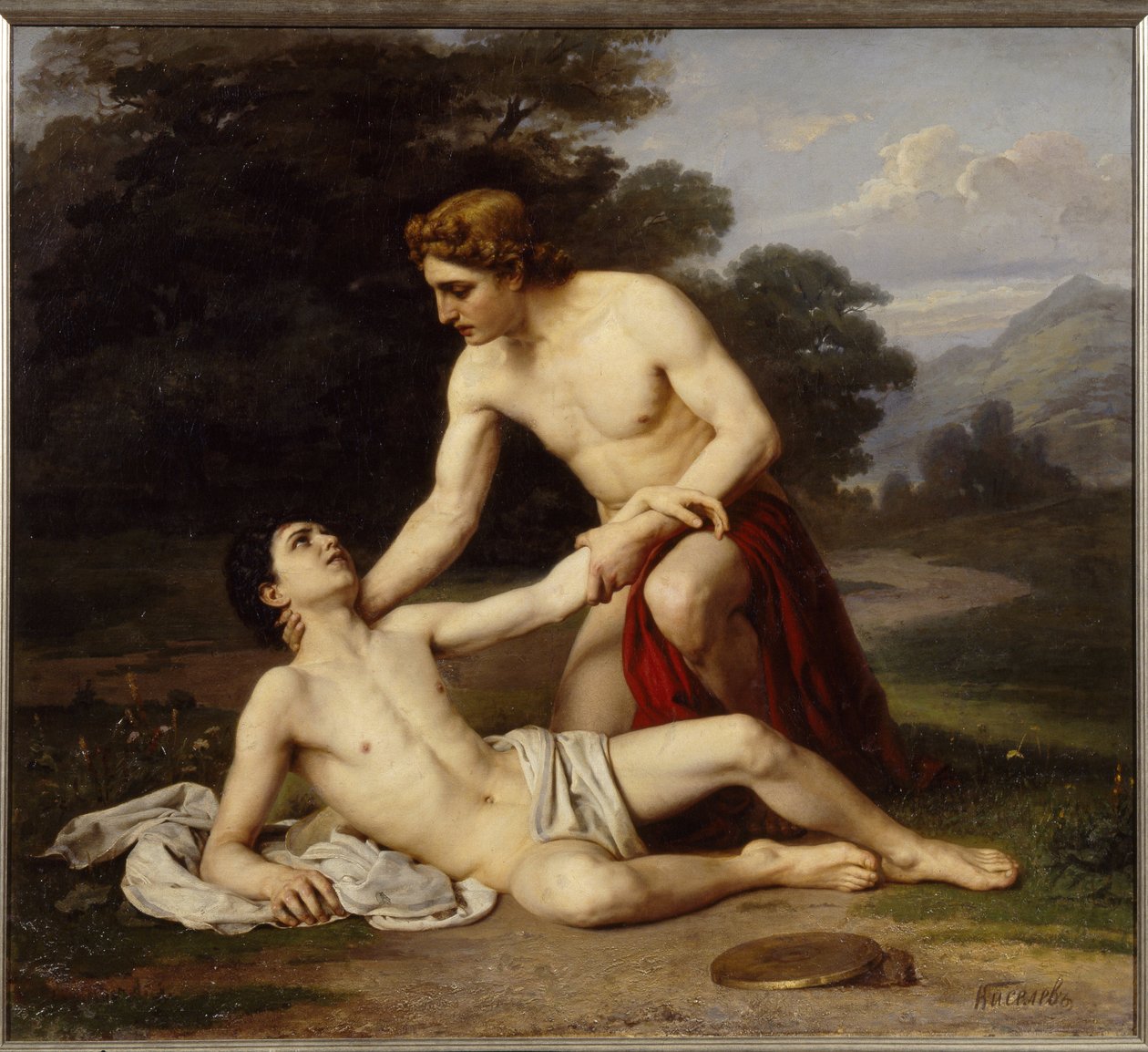 Apollo ja Hyasintti (Apollo ja Hyasintti). Kreikkalainen jumala kumartuu nuoren miehen yli, joka loukkaantui temppelissä kiekonheiton harjoittelun aikana. Aleksandr Aleksejevitš Kiselevin maalaus (1855-1918 jälkeen), öljy kankaalle tekijältä Alexander Alexeyevich Kiselev