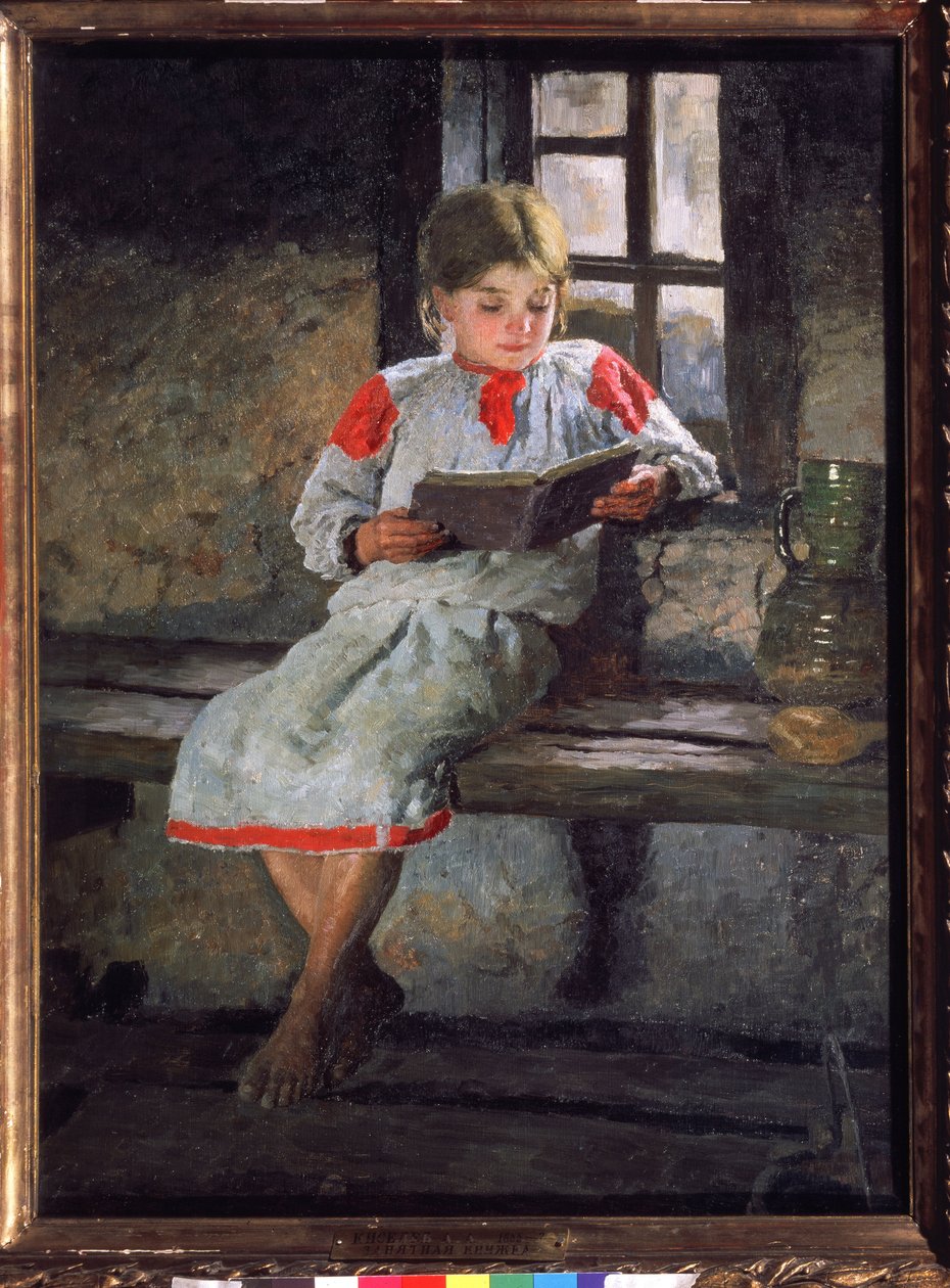 Upeaa luettavaa. Pieni tyttö istuu ikkunan vieressä kirjansa tarinaan uppoutuneena. Maalaus Aleksandr Aleksejevitš Kiselevin (1855-1918 jälkeen), öljy kankaalle, noin 1890. 1800-luvun venäläistä taidetta. Valtio Tretjakov Ga tekijältä Alexander Alexeyevich Kiselev