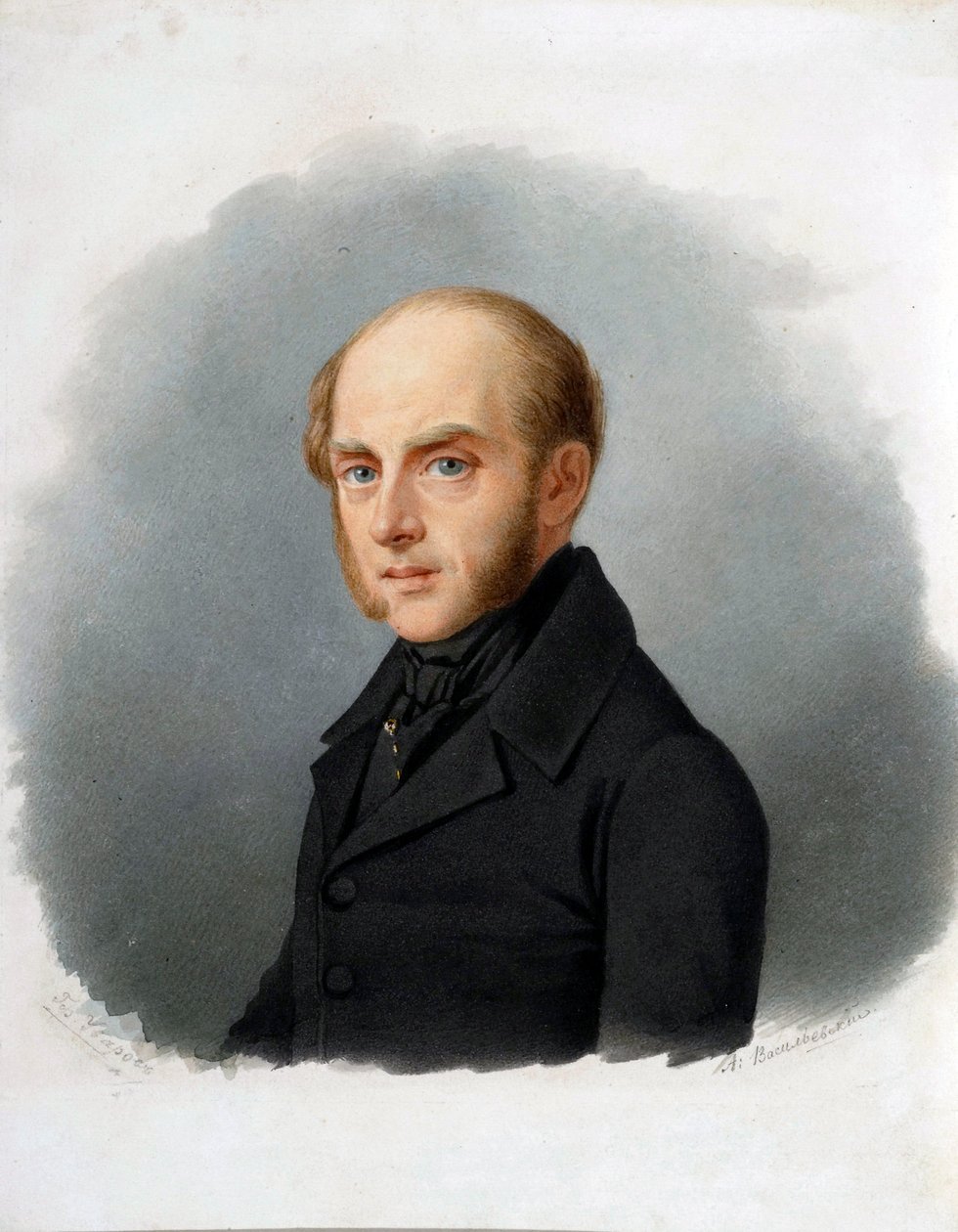 Venäjän valtiomiehen kreivi Sergei Ouvarovin (1786-1855) muotokuva - Aleksanteri Aleksejevitš Vasiljevskin (1794-1849) akvarelli pahville, 1840-luvun alku - Kreivi Sergei Semionovitš Uvarovin (1786-1855) muotokuva - Aleksandin vesiväri pahville tekijältä Alexander Alexeyevich Vasilyevsky
