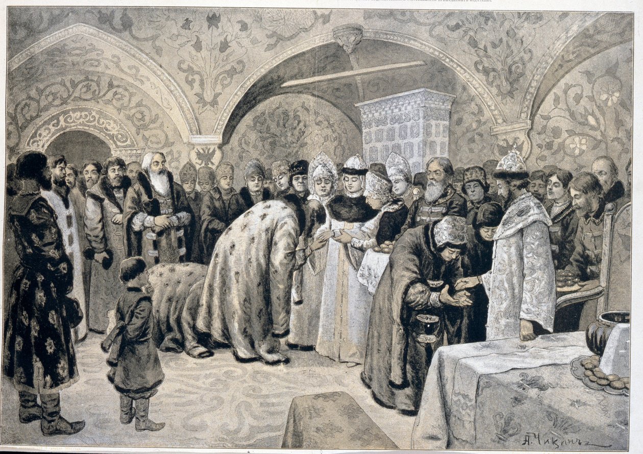 Tsaaritarin vastaanotto pääsiäismatiinien jälkeen. Aleksanteri Andrejevitš Chikinin (1865-1924) teos, litografia. venäläistä taidetta tekijältä Alexander Andreyevich Chikin