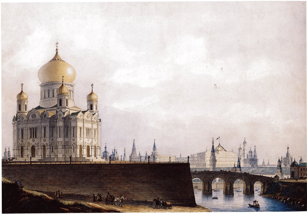 Vapahtajan Kristus-katedraali näköalalla Moskovan Kremliin, 1836-1837 tekijältä Alexander Andreyevich Thon