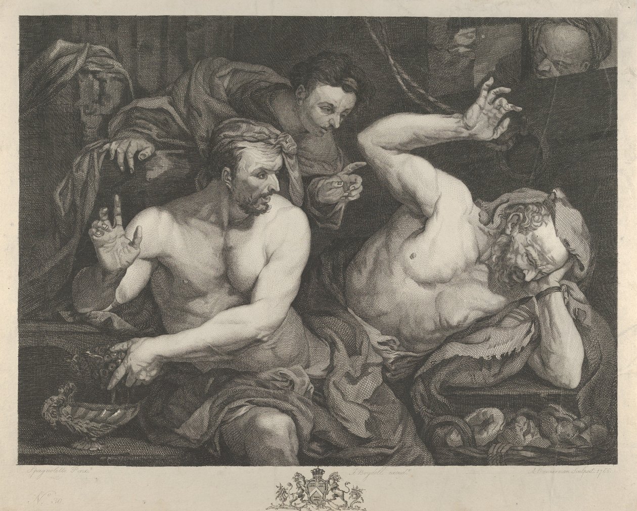 Joosef tulkitsee faraon päähovimestari ja leipurin unia, 1766. tekijältä Alexander Bannerman