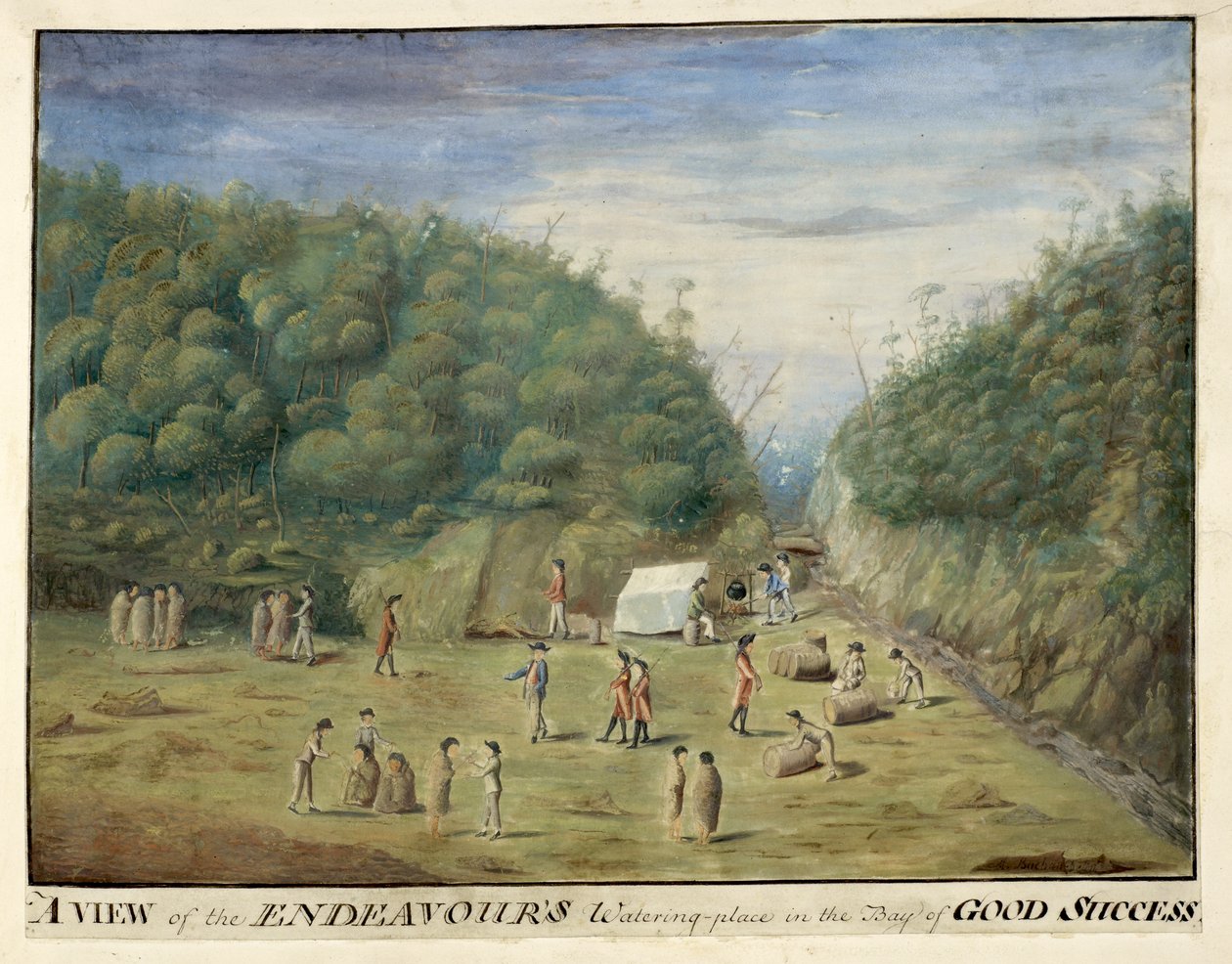 Lisätä. 23920, f.11 "Näkymä Endeavourin vesistöpaikasta Good Successin lahdella, Tierra del Fuegossa, alkuperäiskansojen kanssa", tammikuu 1769 (kynä ja muste akvarellilla paperille) tekijältä Alexander Buchan