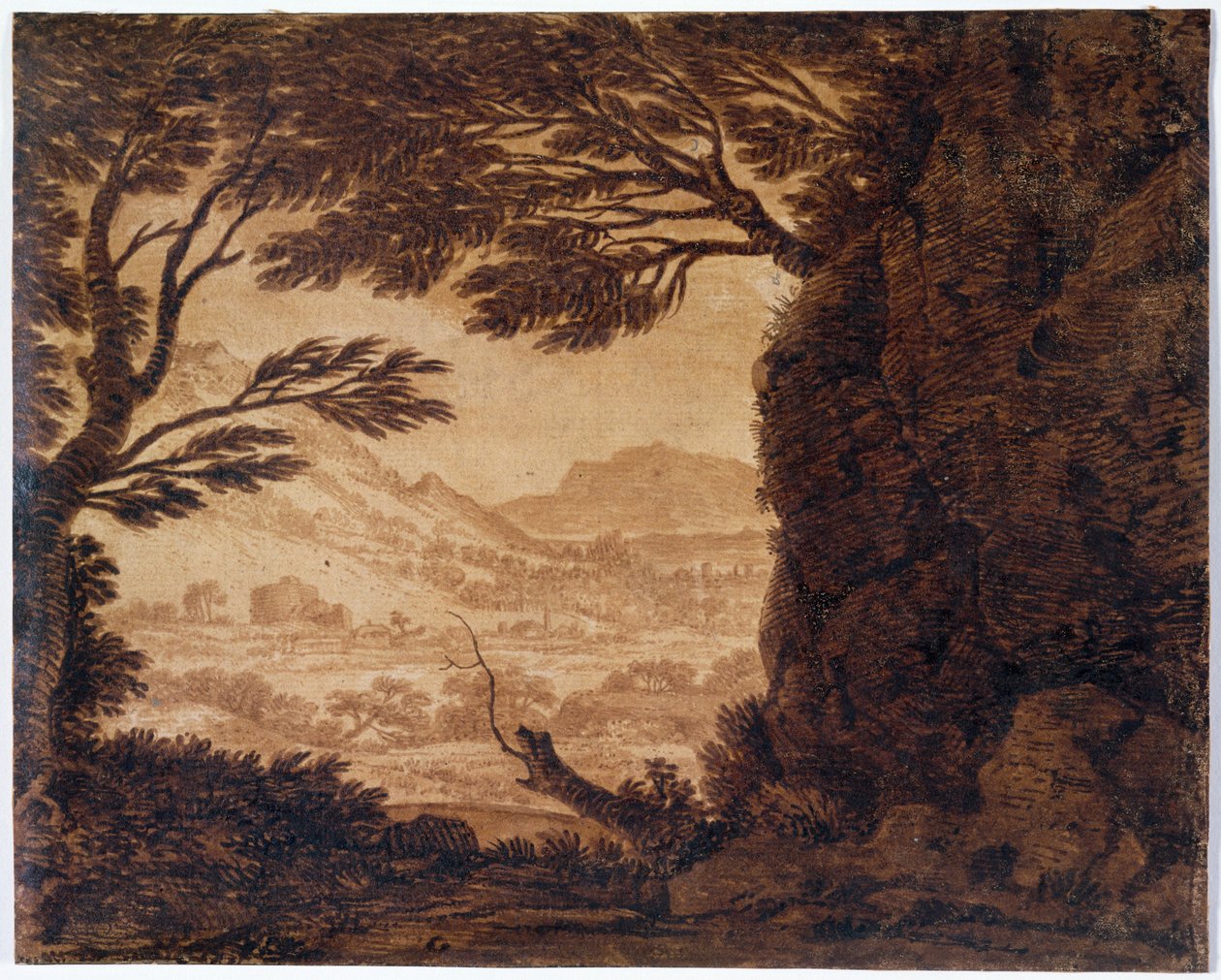 Klassinen maisema, 1800-luvun puoliväli (seepia paperille) tekijältä Alexander Cozens
