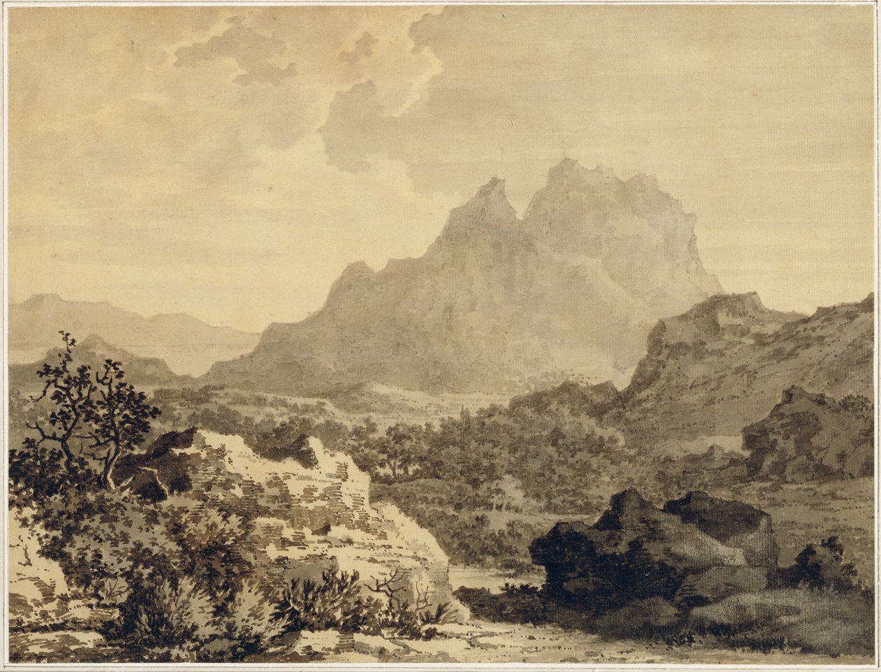 Vuoristoinen maisema, n. 1780 (harmaa ja ruskea pesu ruskealla pohjalla valmistettuun paperiin) tekijältä Alexander Cozens