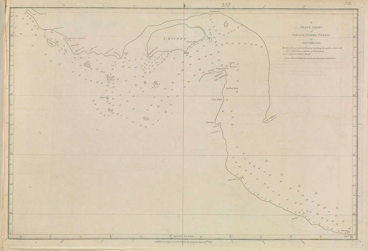 Dalrymplen, Alexanderin vuonna 1791 julkaisemat suunnitelmat satamista. Luutnantti John Cantin laatima Persianlahden tasokartta 1773. tekijältä Alexander Dalrymple