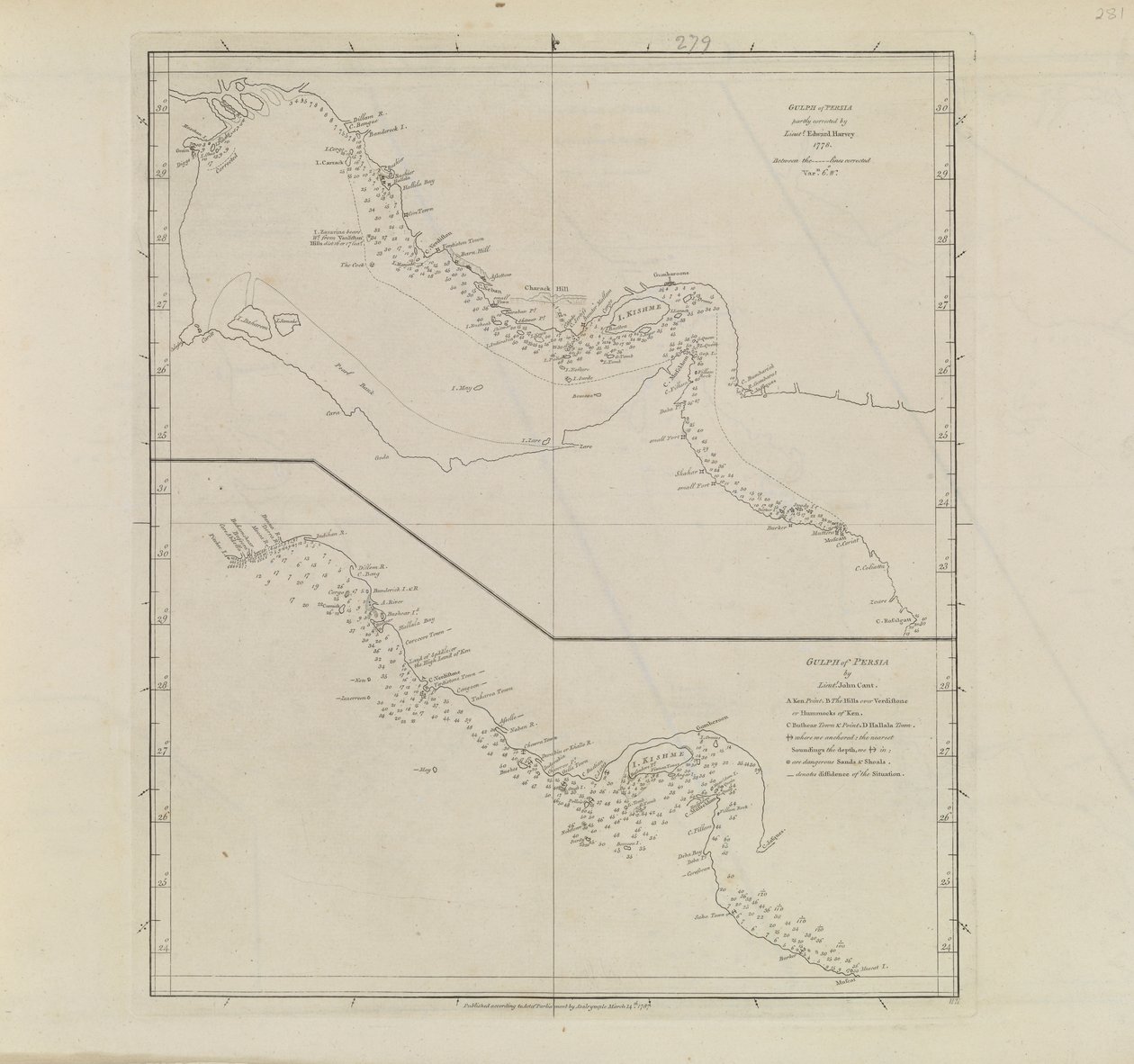 Plans of Ports, Dalrymple, Alexander julkaistu 1791 ID-numero 41167-2001 Luutnantti Edward Harveyn osittain korjaama Persianlahden osan tasokartta 1778. tekijältä Alexander Dalrymple