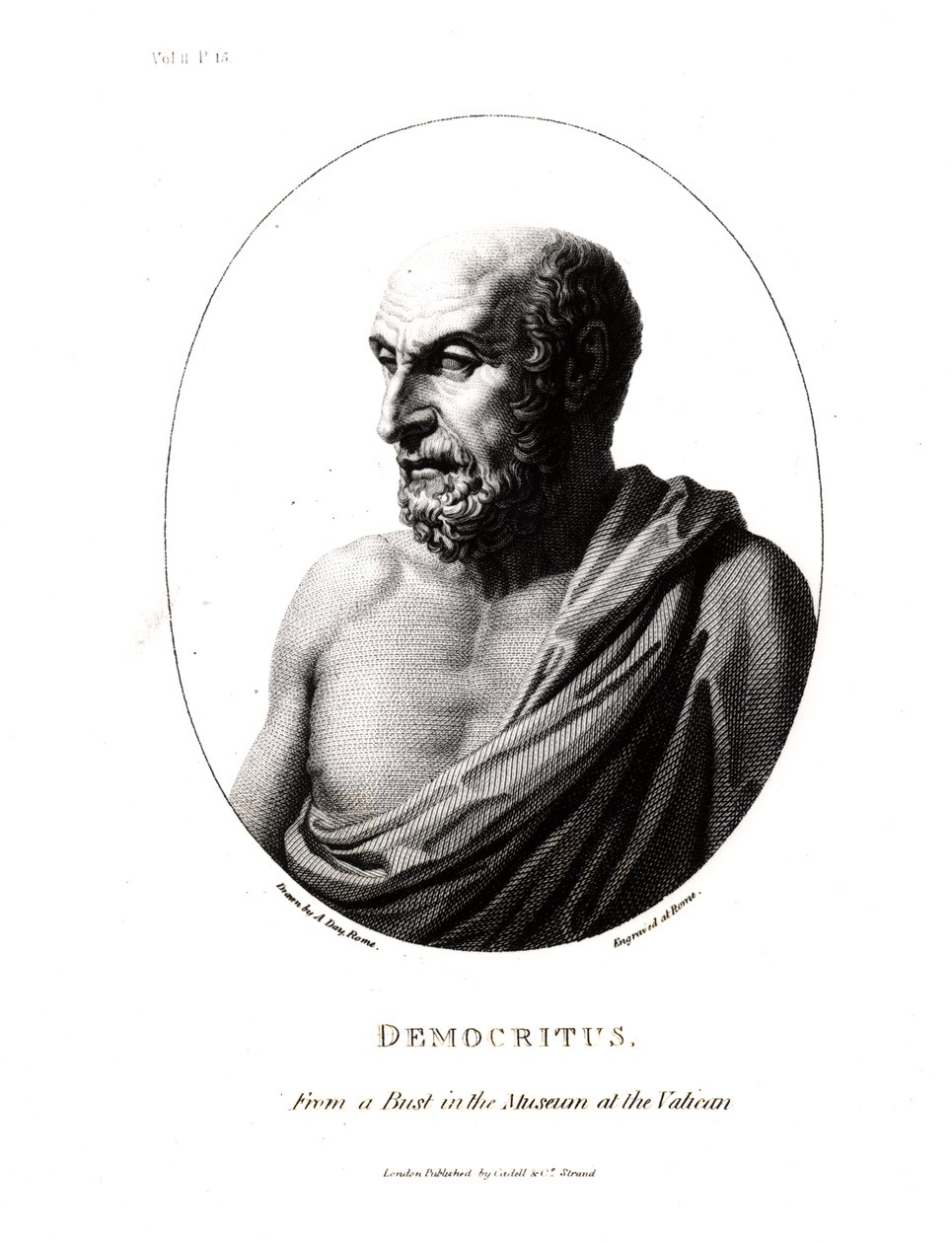 Demokritos (n. 460-n. 370 eKr.), kaiverrettu Vatikaanin museon rintakuvasta tekijältä Alexander Day