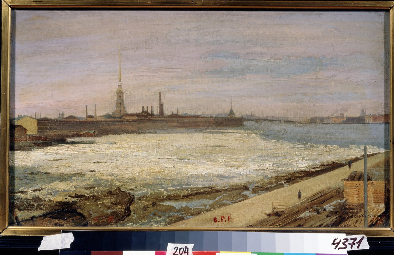 Ice Drift Neva-joella Pietarissa (Ice Drifting Pietarissa). Taustalla Pietarin ja Paavalin katedraali ja linnoitus. Aleksanteri Dmitrievich Litovchenkon (Litovchenko) maalaus (1835-1890), öljy kankaalle tekijältä Alexander Dimitrievitch Litovtchenko