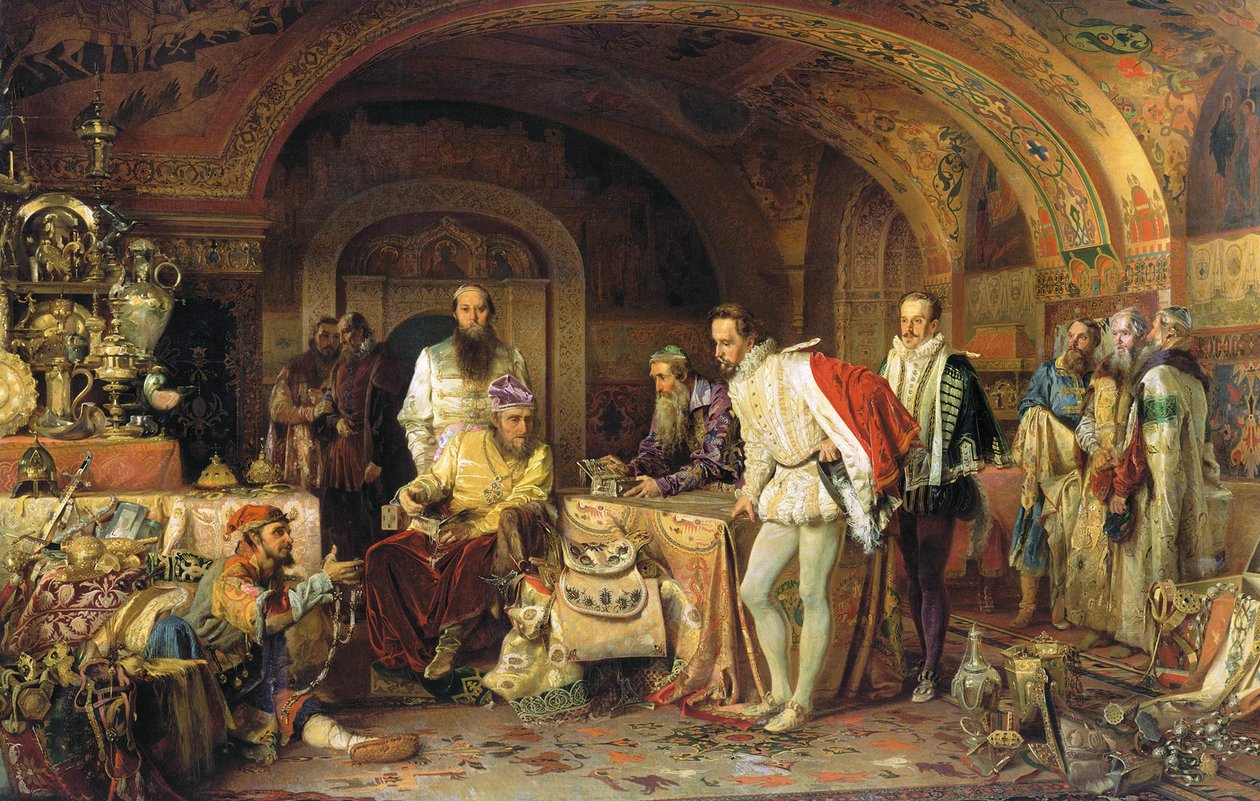 Venäjän Ivan IV esittelee aarteitaan Englannin kuningatar Elisabet I:n suurlähettiläälle, 1875 tekijältä Alexander Dmitrievich Litovchenko