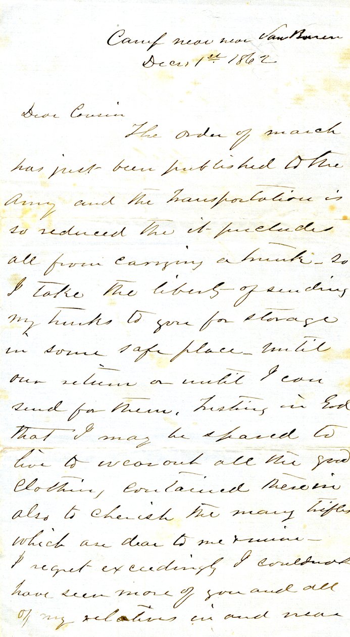 Kirje allekirjoitettiin A.E.Steenilla, leirillä Van Burenin lähellä, serkulleen Mary Walkerille, Van Buren, Ark., 1. joulukuuta 1862 tekijältä Alexander Early Steen