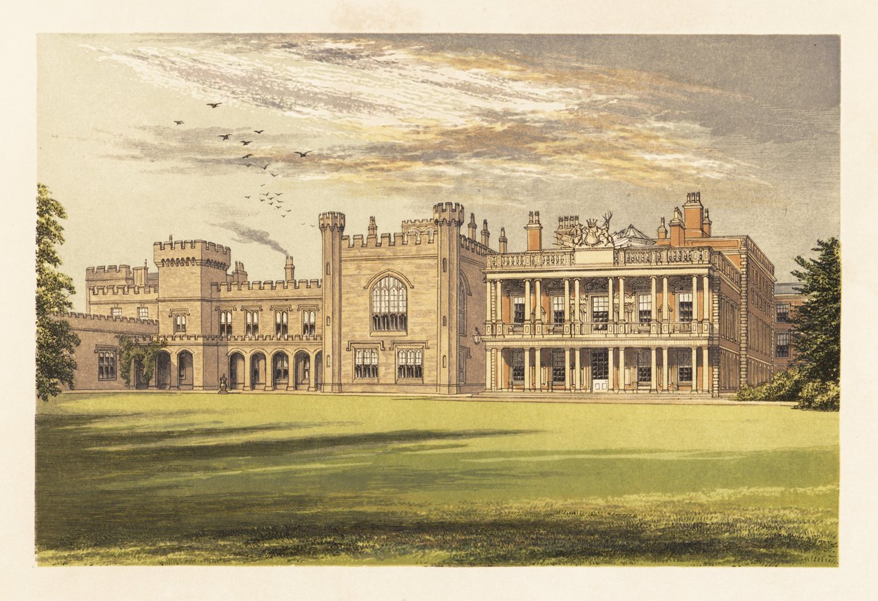 Knowsley Hall, Lancashire, Englanti. ,1880 (kaiverrus) tekijältä Alexander Francis (after) Lydon