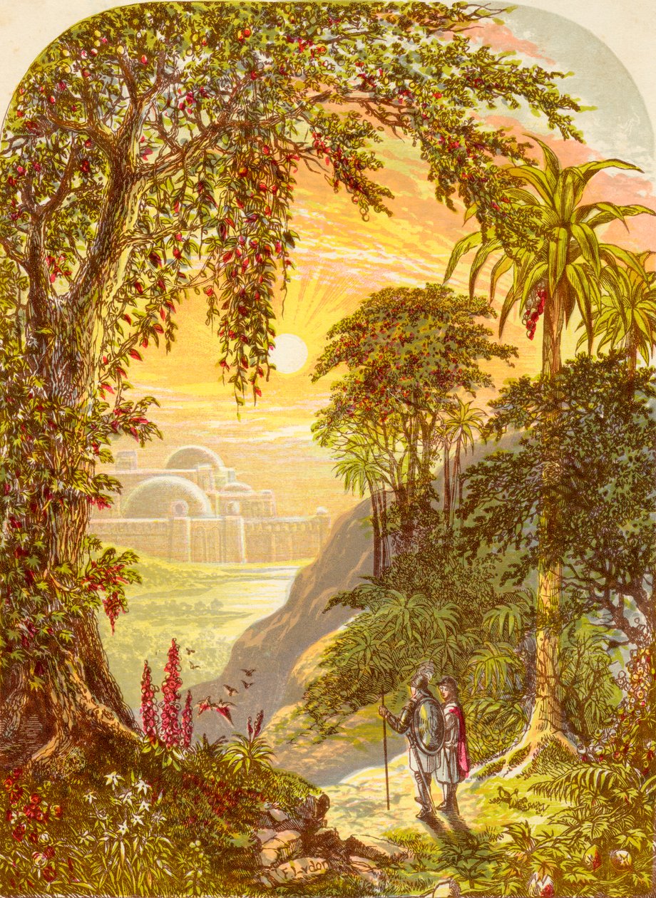 Christian and Hopeful in the land of Beulah, John Bunyanin teoksesta Pilgrims Progress, julkaistu n. 1880 tekijältä Alexander Francis Lydon