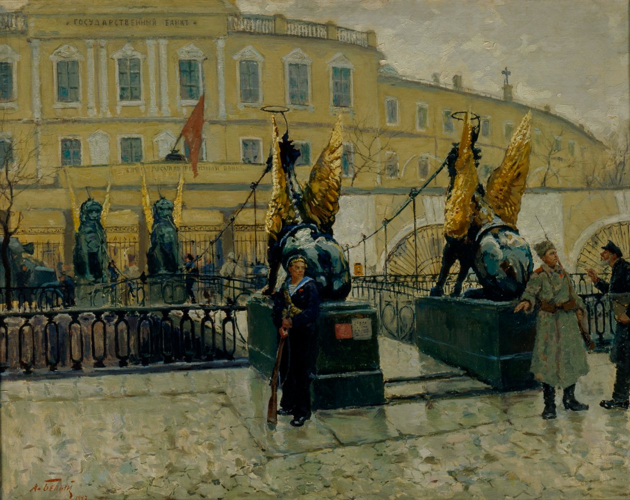 Vallankumoukselliset merimiehet vartioivat Petrogradin valtionpankkia, 1927. tekijältä Alexander Fyodorovich Bely