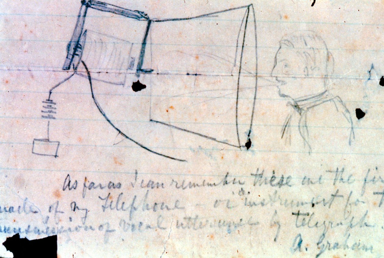 Luonnos Alexander Graham Bellin puhelimesta vuodelta 1876 tekijältä Alexander Graham Bell