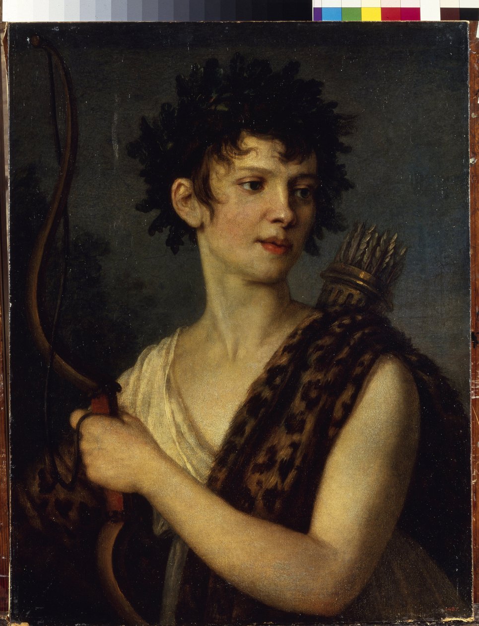 Näyttelijä ja baleriina Evgenia Kolosovan (1782-1869) muotokuva. (Näyttelijän ja balettitanssijan E. Kolosovan muotokuva). Kuvattu pitelemässä jousia ja kantavan nuolilla täytettyä nuolia, kruunattu tammenlehdillä ja pukeutunut leopardinahkaan. pei tekijältä Alexander Grigoryevich Vanek