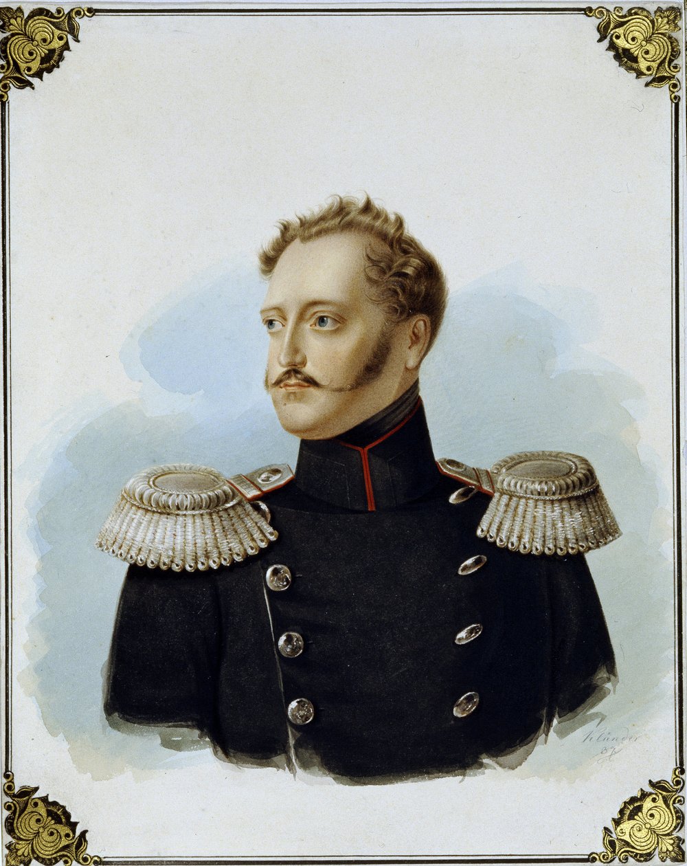 Venäjän keisari Nikolai I:n muotokuva (1796-1855) (Keisari Nikolai I:n muotokuva). Alexander Ivanovich Klunderin (1802-1875) työ, akvarelli ja valkoinen pahville tekijältä Alexander Ivanovich Klünder