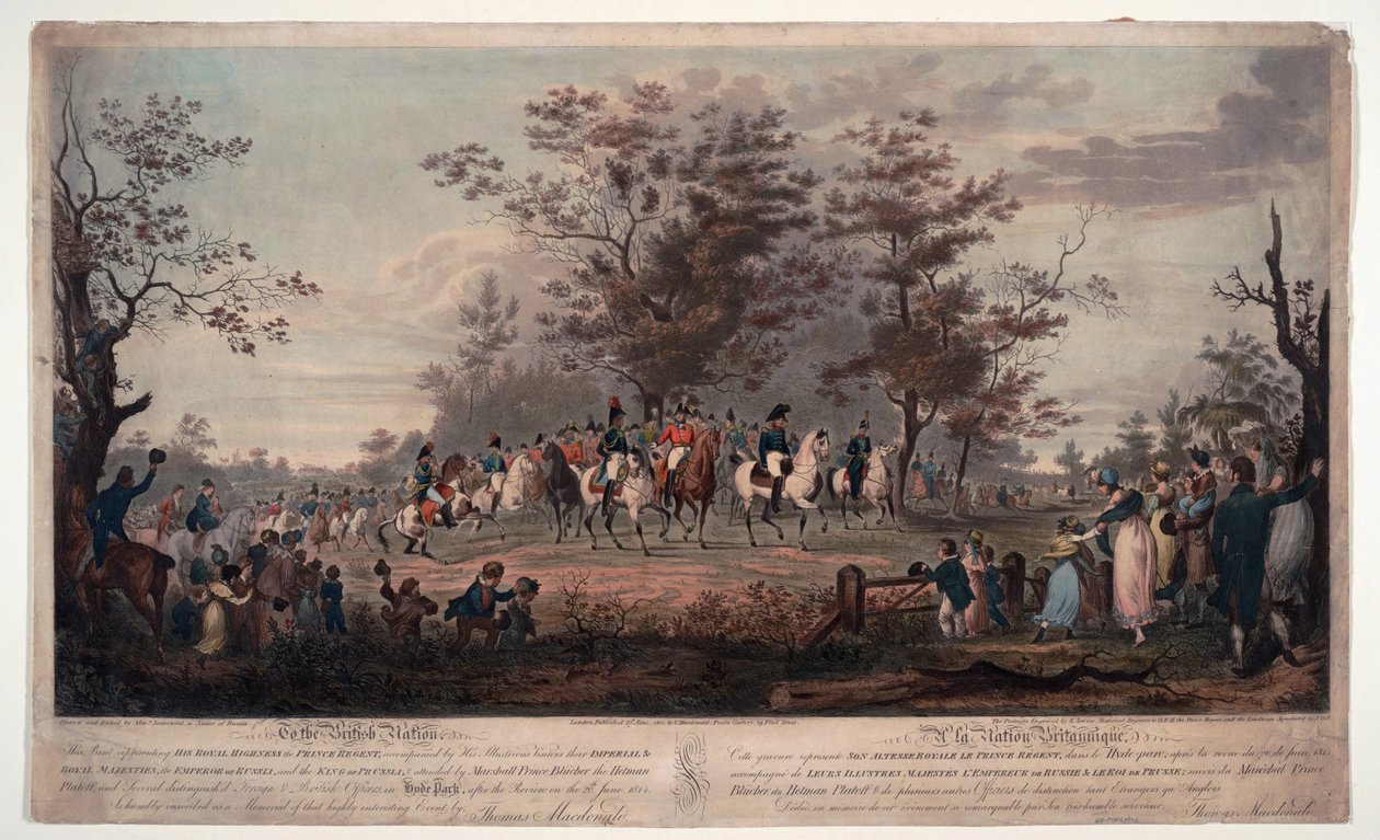 Frederic Guillaume (Frederic-Guillaume) III Preussista (1770-1840) - Liittoutuneiden hallitsijoiden arvostelu Hyde Parkissa 1814 - Prinssi Regent, Vilhelm III Preussista, Aleksanteri I (Venäjän Aleksanteri I tekijältä Alexander Ivanovich Sauerweid