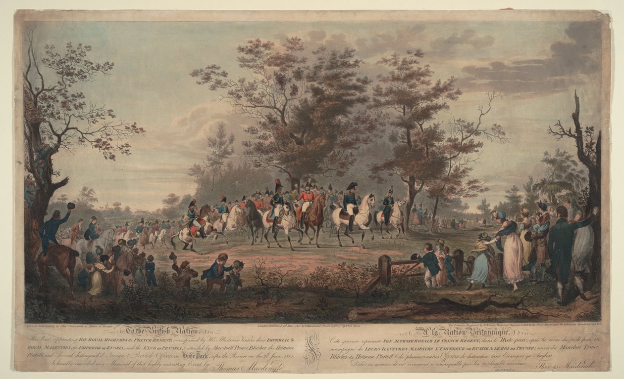 Prinssi Regent, Preussin Vilhelm III, Aleksanteri I, kenraali Blücher ja Hetman Platov arvioivat joukkoja tekijältä Alexander Ivanovich Sauerweid