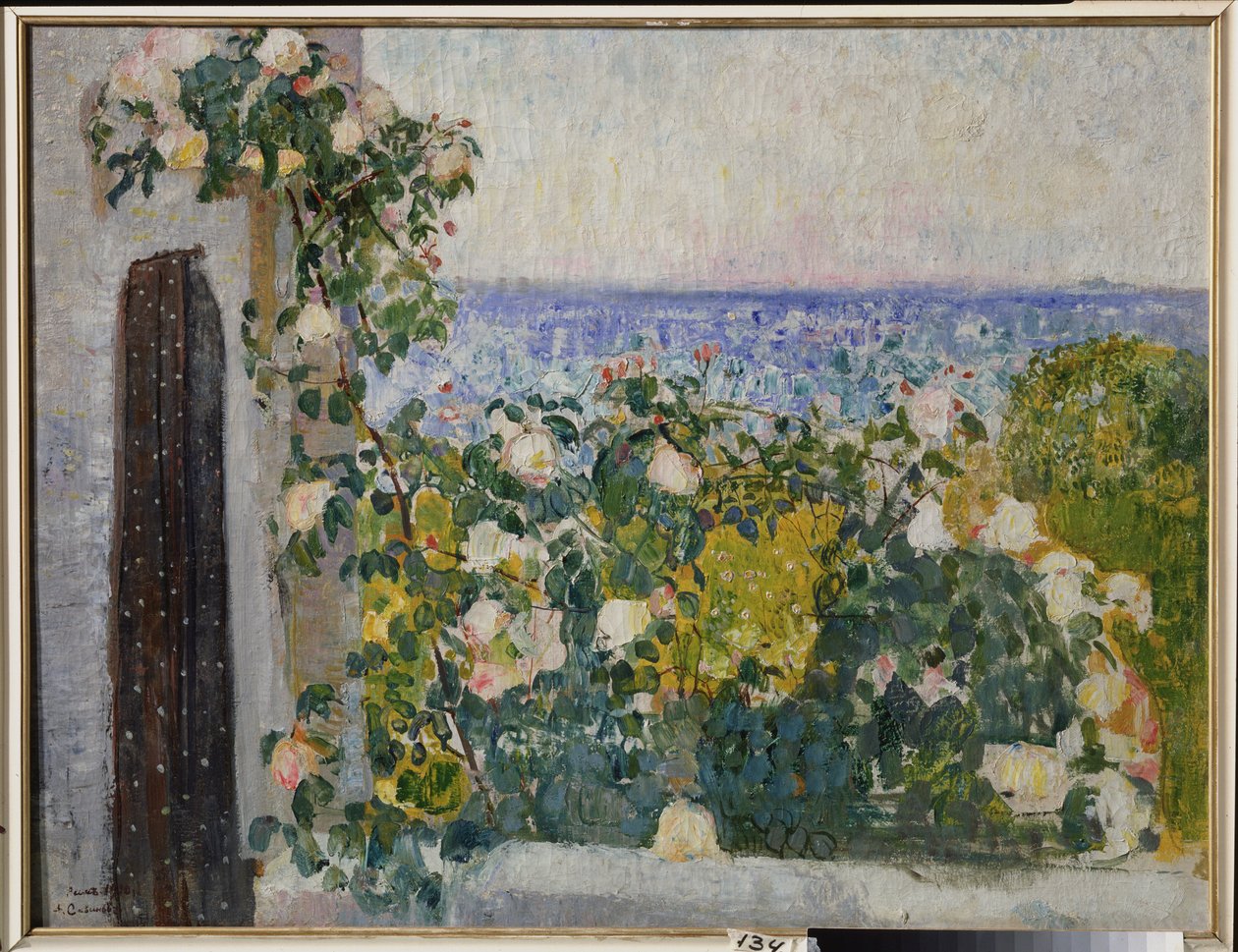 Kukkia parvekkeella Roomassa (Italia). Aleksandr Ivanovitš Savinovin (1881-1942) maalaus öljy kankaalle tekijältä Alexander Ivanovich Savinov
