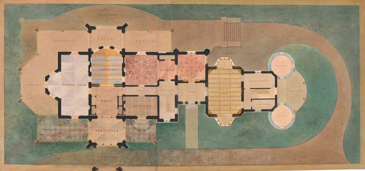 Lyndhurst George Merrittille, Tarrytown, New York, ensimmäinen kerrossuunnitelma, 1865. tekijältä Alexander Jackson Davis