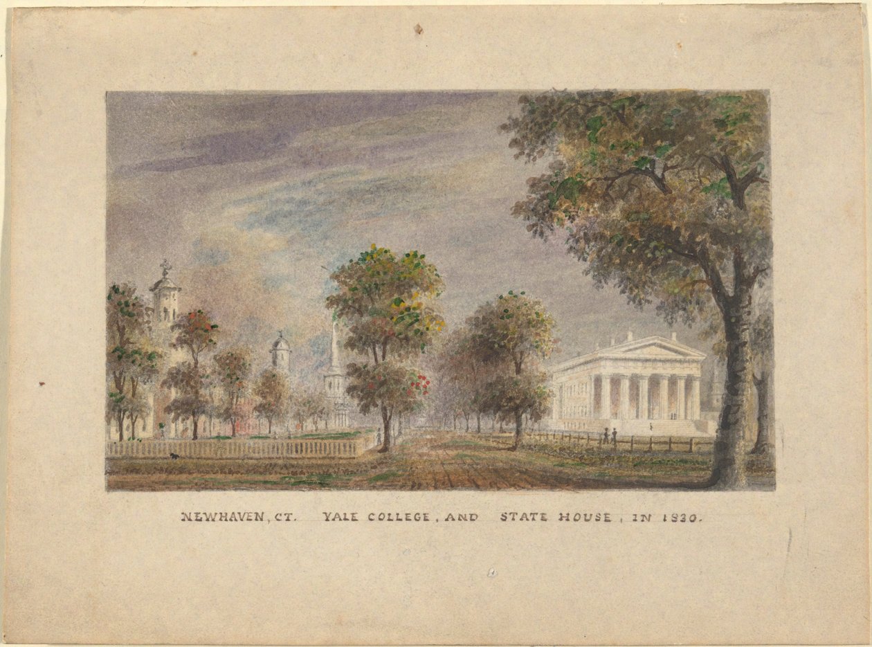New Haven CT. Yale College ja State House vuonna 1830 tekijältä Alexander Jackson Davis