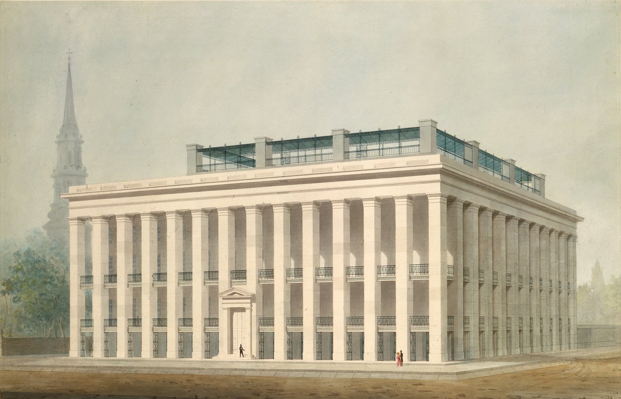 Ehdotus Astor House Park Hotelille, New Yorkin näkökulmasta, n. 1830-34. tekijältä Alexander Jackson Davis