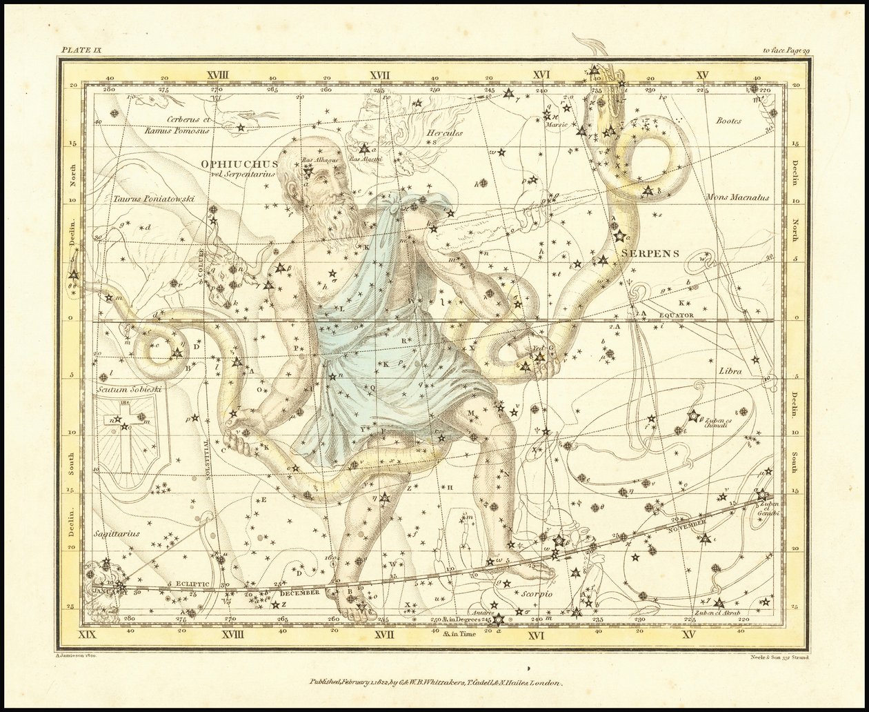 1822 - Alexander Jamieson - Ophiuchus ja käärme (ja Scutum Sobieski) tekijältä Alexander Jamieson