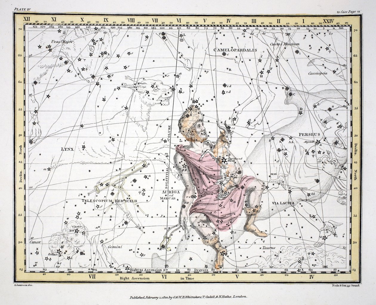 The Constellations (Plate IV) Auriga, Camelopaardalis, Telescopium Herschelli, Alexander Jamiesonin teoksesta "A Celestial Atlas", pub. Lontoo 1822 (käsinvärinen kaiverrus) tekijältä Alexander Jamieson