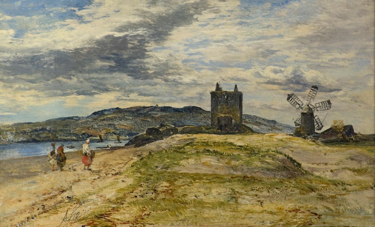 Broughtyn linna, n. 1860 (öljy paneelille) tekijältä Alexander Jnr. Fraser