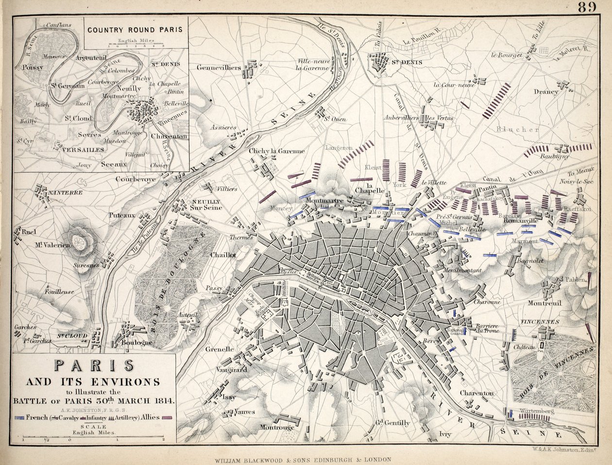 Kartta Pariisista ja sen ympäristöstä, julkaisija William Blackwood and Sons, Edinburgh & London tekijältä Alexander Keith Johnston