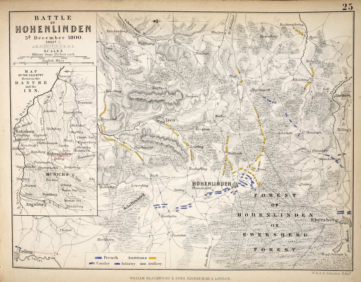 Kartta Hohenlindenin taistelusta, julkaissut William Blackwood and Sons, Edinburgh ja London, 1848 (käsinvärinen kaiverrus) tekijältä Alexander Keith Johnston