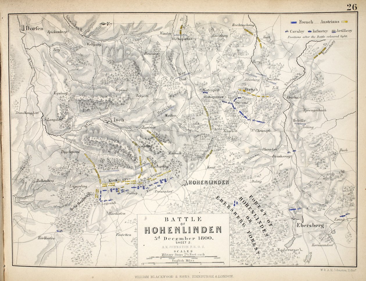 Kartta Hohenlindenin taistelusta, julkaissut William Blackwood and Sons, Edinburgh ja London, 1848 (käsinvärinen kaiverrus) tekijältä Alexander Keith Johnston
