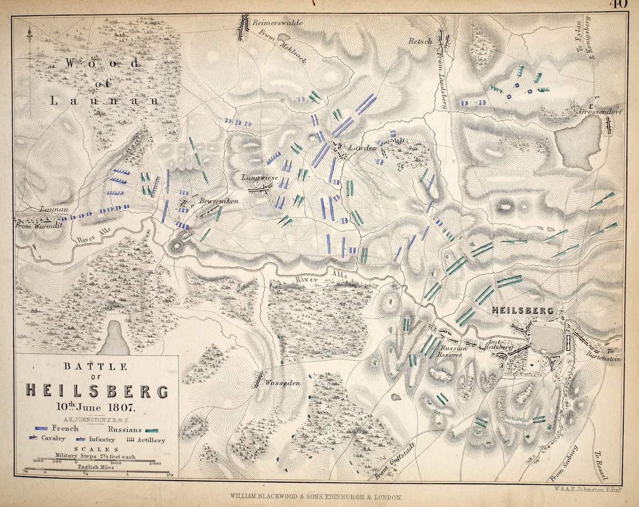 Heilsbergin kartta, julkaissut William Blackwood and Sons, Edinburgh ja London, 1848 (käsinvärinen kaiverrus) tekijältä Alexander Keith Johnston