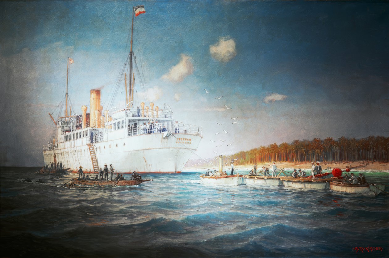 Kaapelihöyrylaiva Stephan Yapin Caroline-saaren edustalla 1905 tekijältä Alexander Kircher