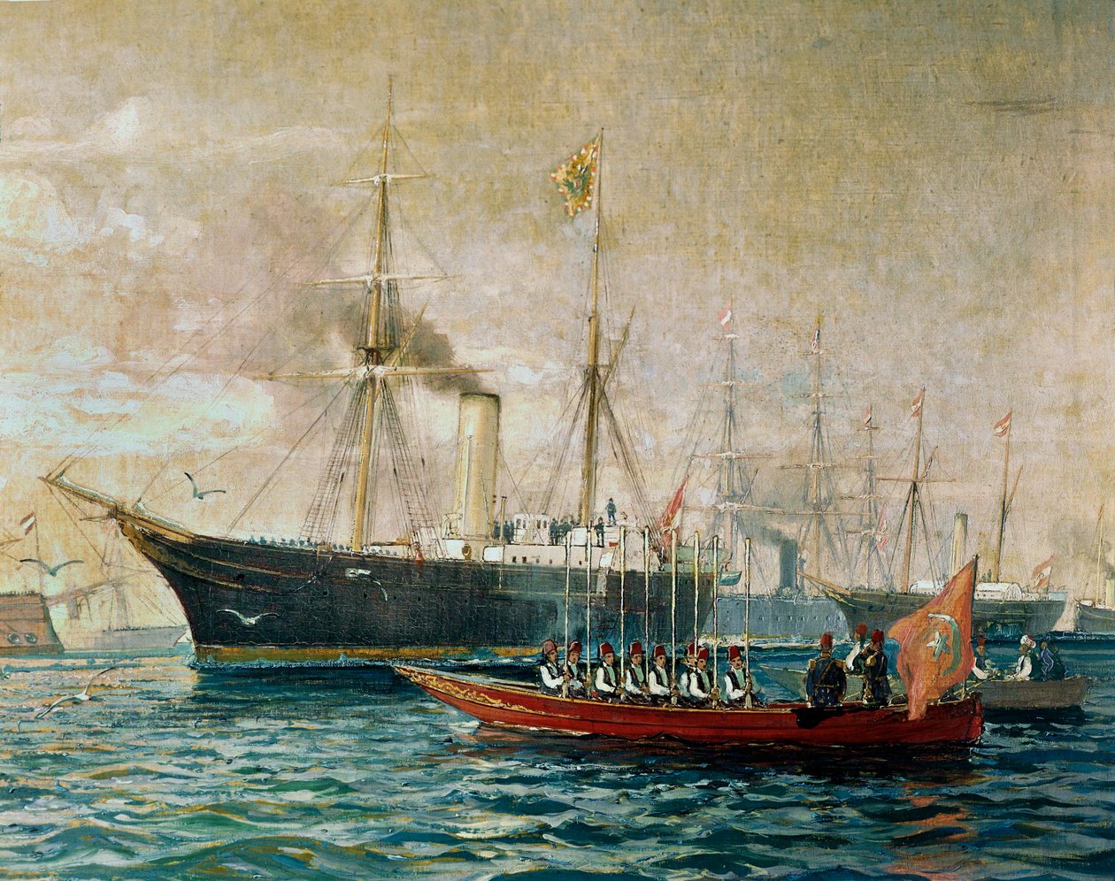 Keisari Franz Joseph I:n saapuminen HMS Greif -aluksella Port Saidiin Suezin kanavan avajaisia varten ... (maalaus kankaalle) tekijältä Alexander Kirchner