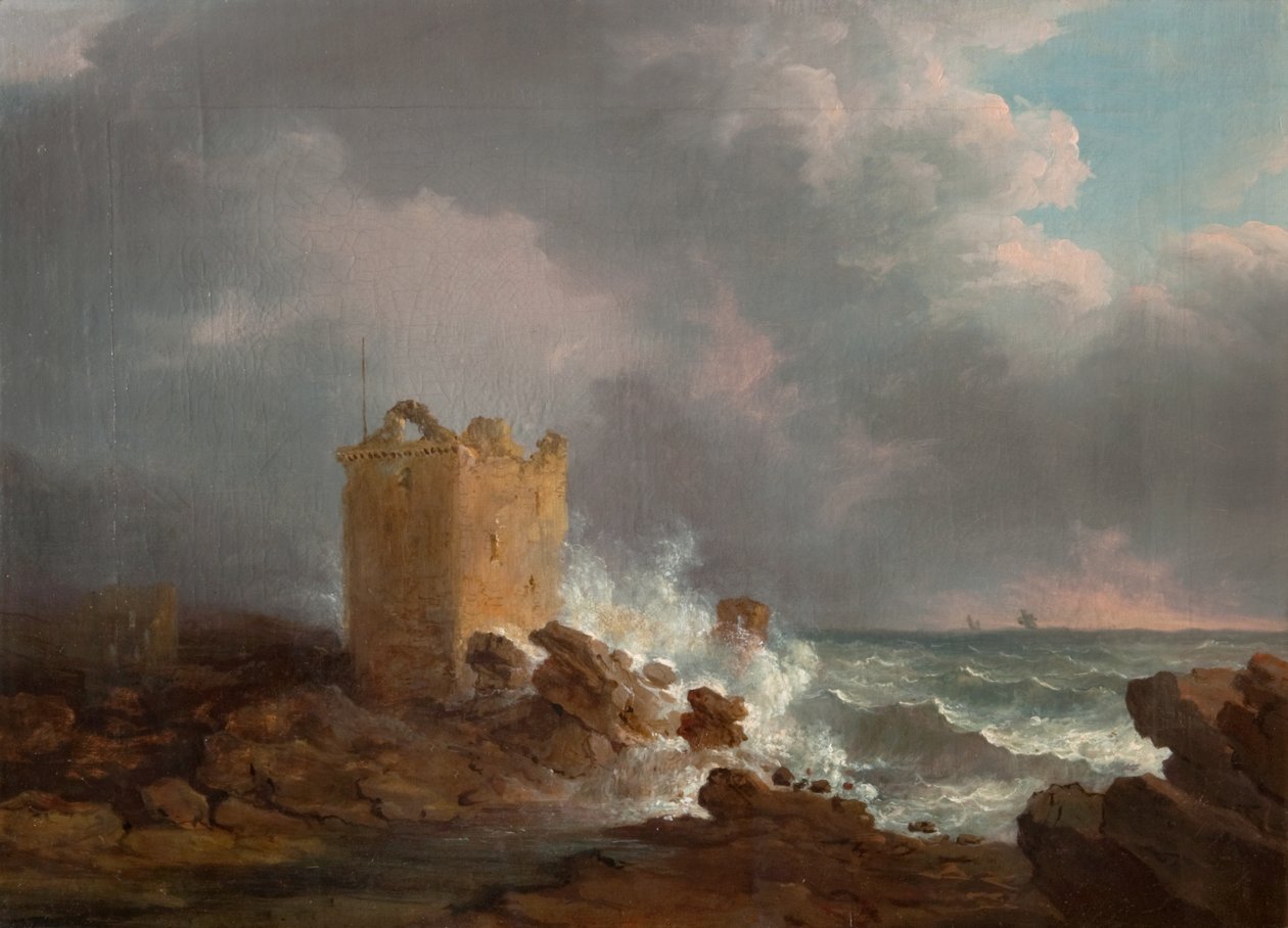 Broughtyn linna myrskyn aikana, n. 1810 (öljy kankaalle) tekijältä Alexander Nasmyth