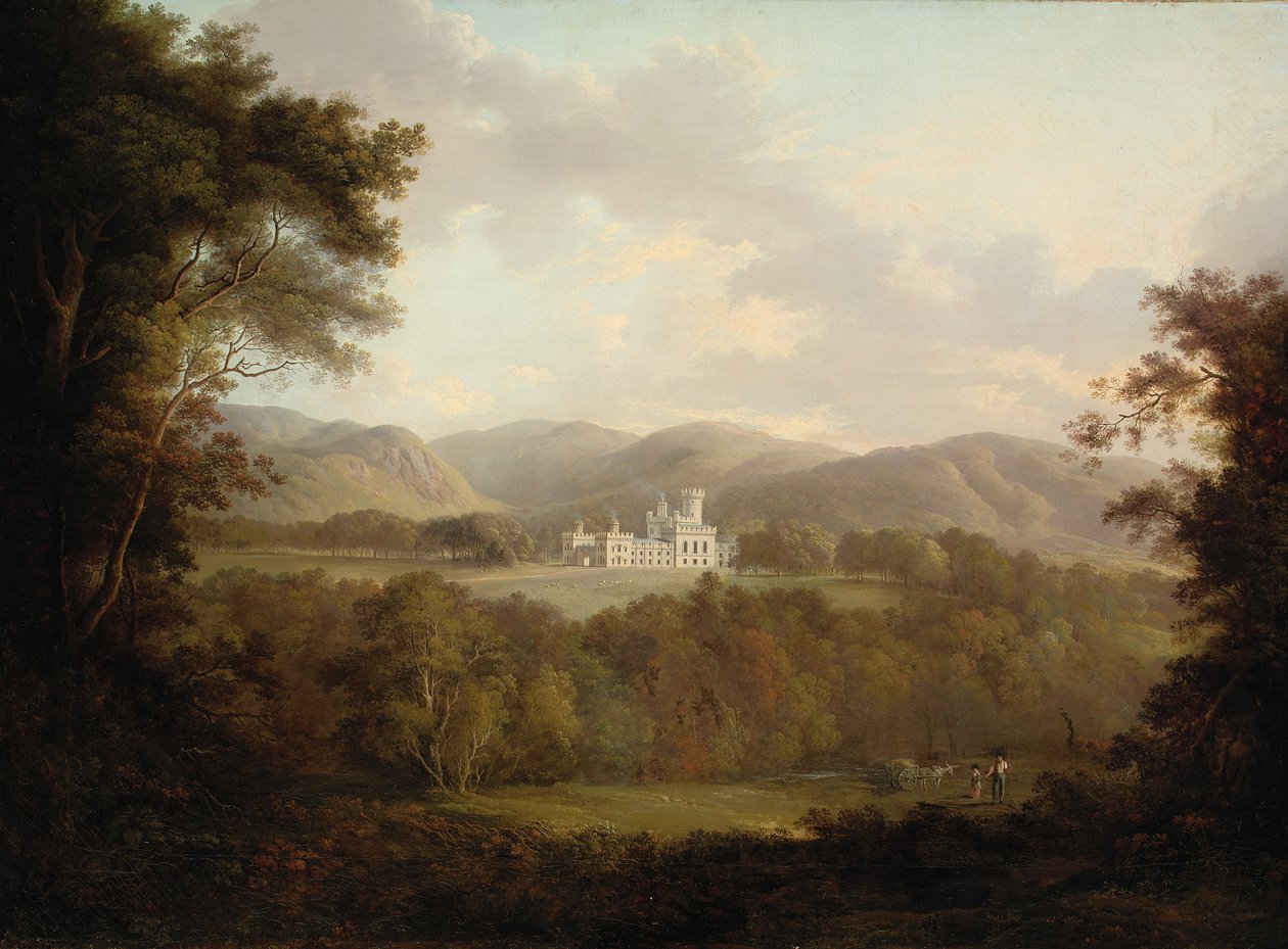 Näkymä Dreghornin linnalle, Midlothian, hahmot ja heinäkärry etualalla (öljy kankaalle) tekijältä Alexander Nasmyth