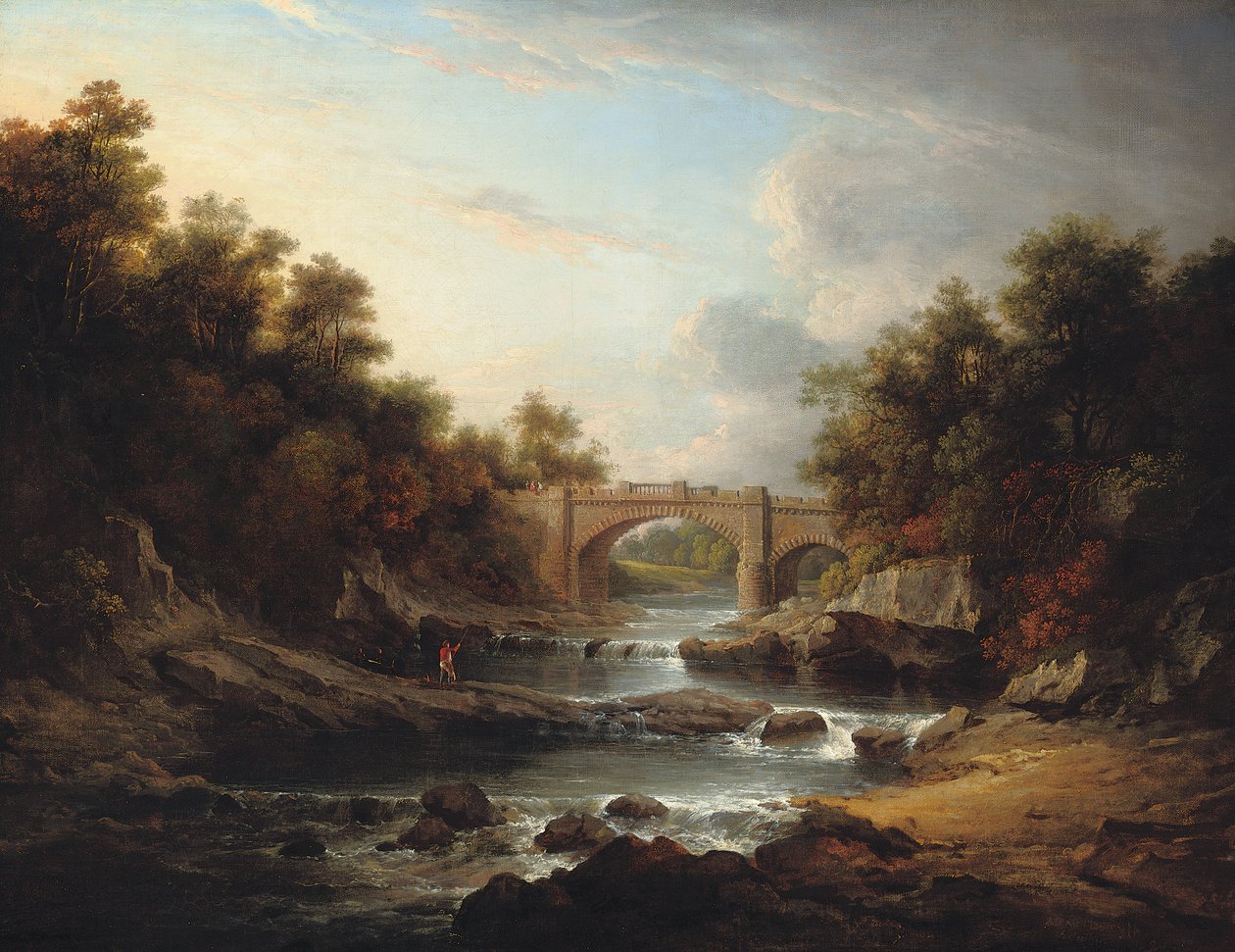 Näkymä Almond-joelle, lähellä Edinburghia, Almondell-sillalla ja kalastajalla tekijältä Alexander Nasmyth
