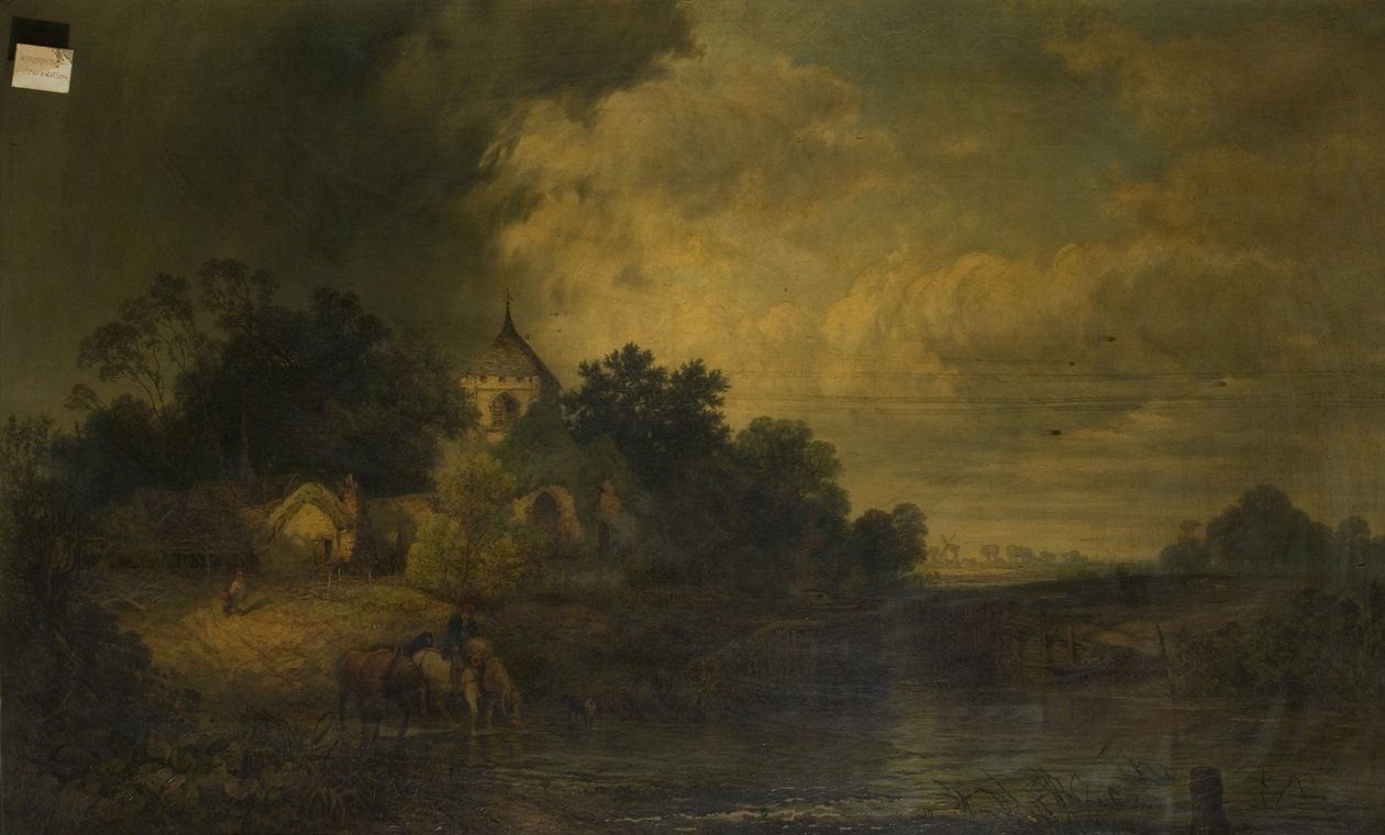 Romanttinen maisema, jossa hevoset juovat, 1800-luvun loppu tekijältä Alexander Panton