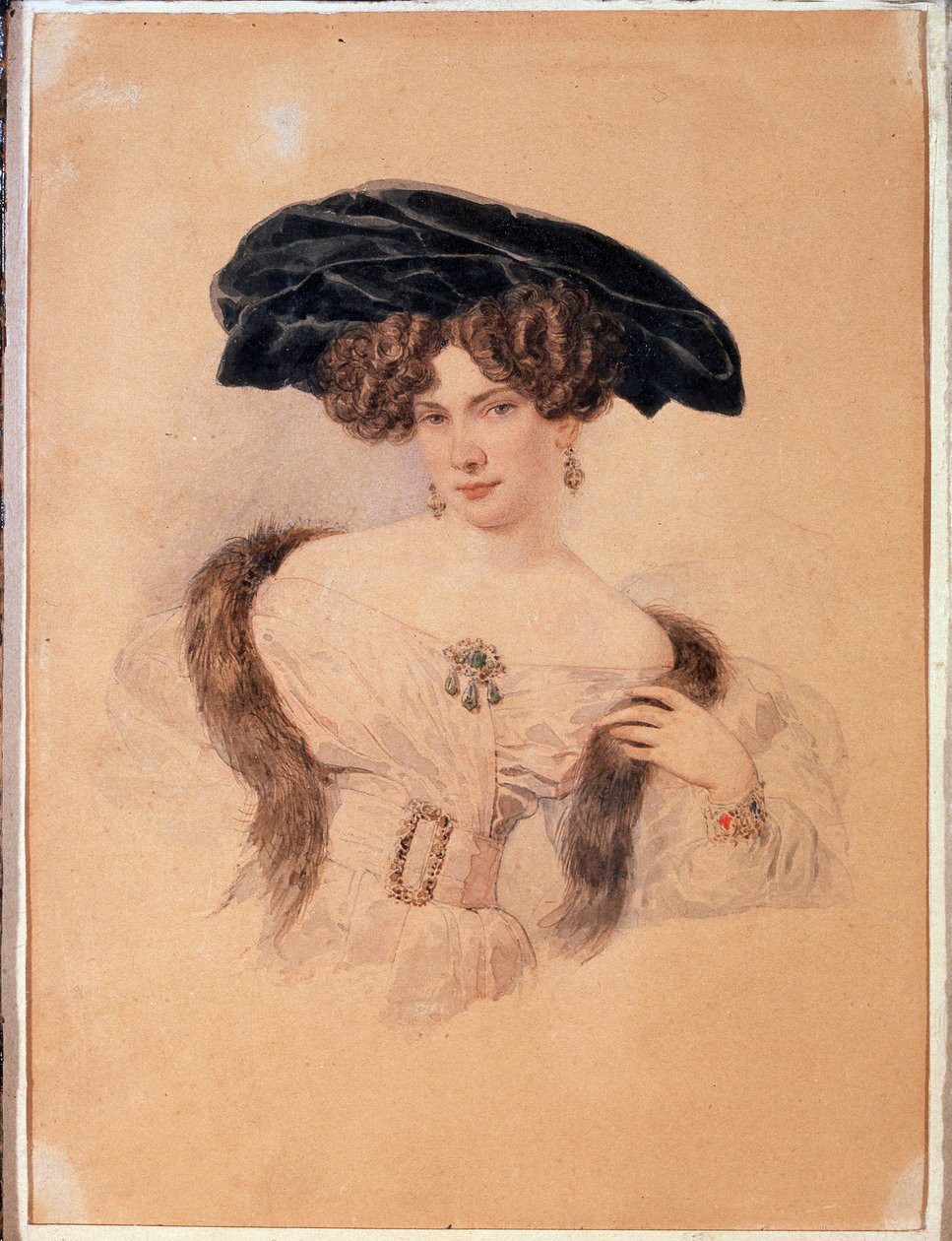 Taiteilija Jevdokija Bakuninan (1793-1882) muotokuva mustassa baretissa (Taiteilija Jevdokija Bakuninan muotokuva mustassa baretissa). Aleksanteri Pavlovich Briullov (Alexander Briullov) (1798-1877) taideteos. Akvarelli paperille tekijältä Alexander Pavlovich Briullov