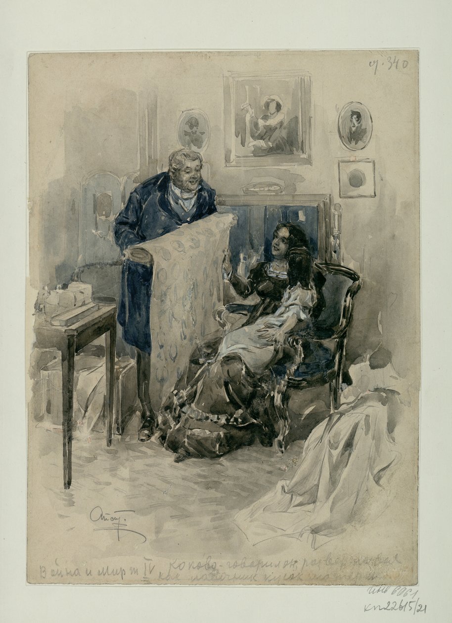 Pierre perheessä. Epilogi. Kuvitus Leo Tolstoin romaanille Sota ja rauha, 1911-1912. tekijältä Alexander Petrovich Apsit