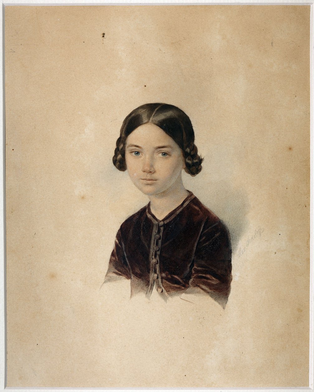 Muotokuva Sofia Aleksandrovna Briullowasta (1848-1901) par Sokolov, Aleksanteri Petrovitš (1830-1911). Akvarelli pahville, 1850-luvun loppu – 1860-luvun alku, State Museum of A.S. Pushkin, Moskova tekijältä Alexander Petrovich Sokolov