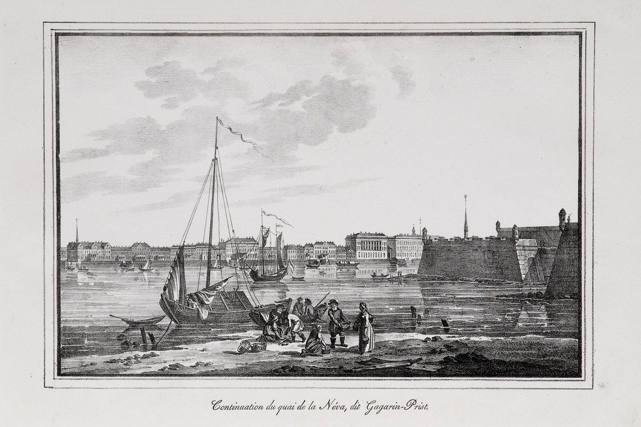 Pietarin Petrovskin laituri, ns. Gagarinsky-tappelusarja Näkymiä Pietarista, 1820-luku tekijältä Alexander Pluchart