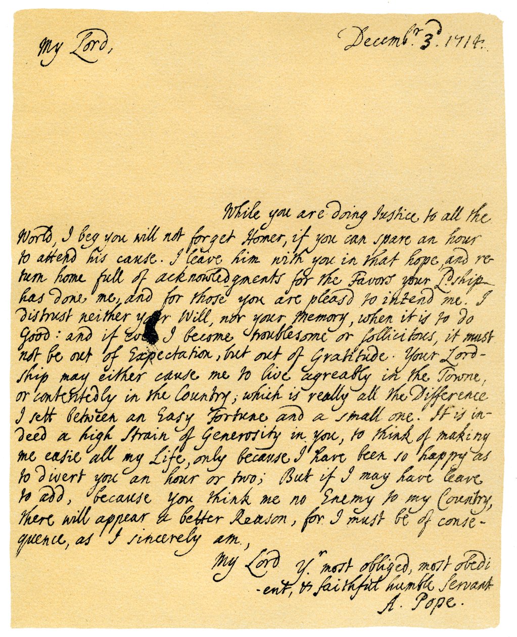 Alexander Popen kirje Charles Montagulle, 3. joulukuuta 1714. tekijältä Alexander Pope