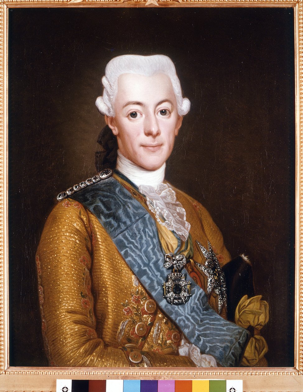 Muotokuva Ruotsin kuninkaan Kustaa III:sta (Gustav III) (1746-1792) Alexander Roslinin (1718-1793) maalaus 1775 Su. 73x59 cm Tukholman Gripsholmin linna tekijältä Alexander Roslin