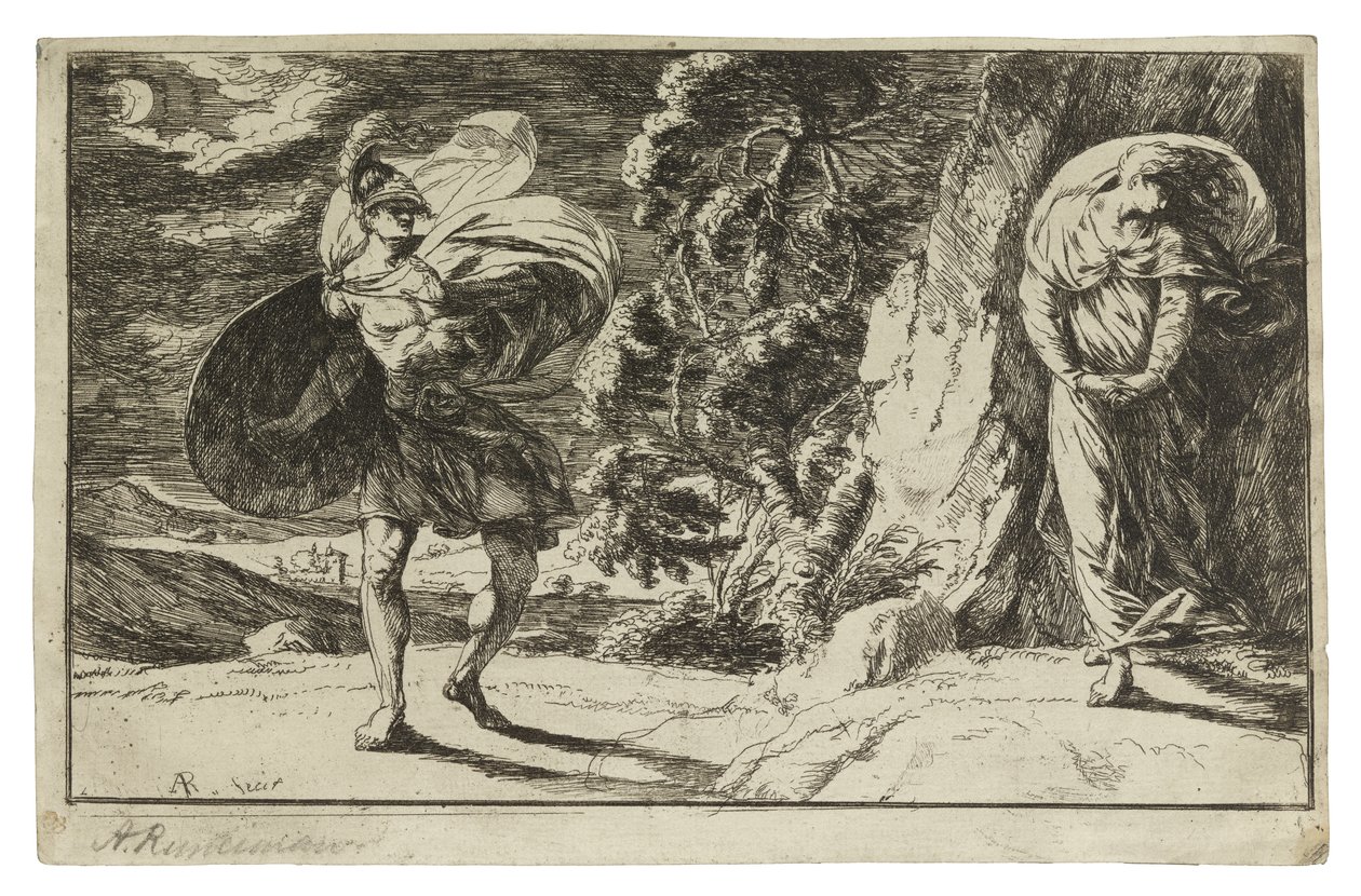Fingal Encounters Carbon Carglass, c. 1774 (etsaus kermanväriselle paperille) tekijältä Alexander Runciman