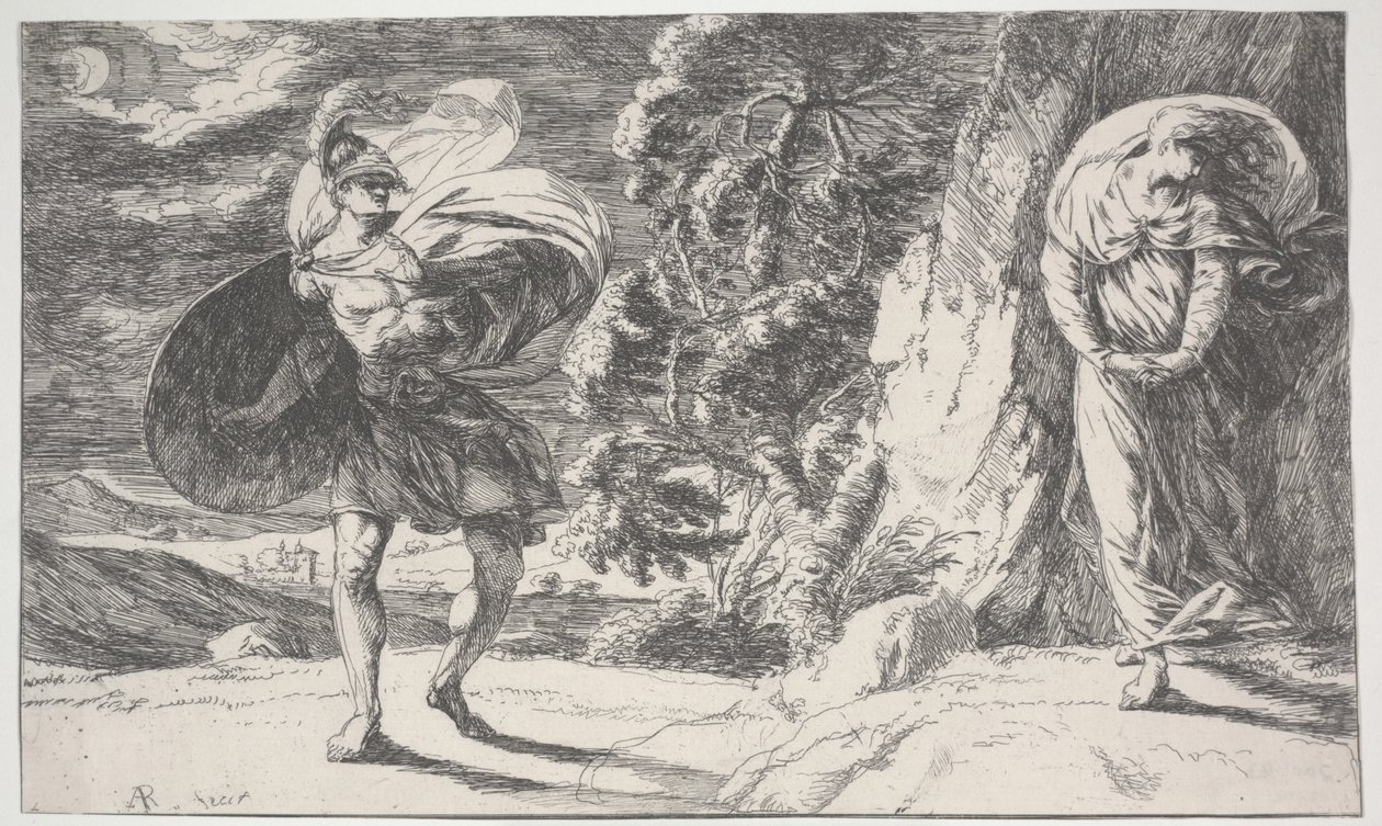 Fingal Encounters Carbon Carglass, ensimmäinen painettu n. 1773 (etsaus) tekijältä Alexander Runciman