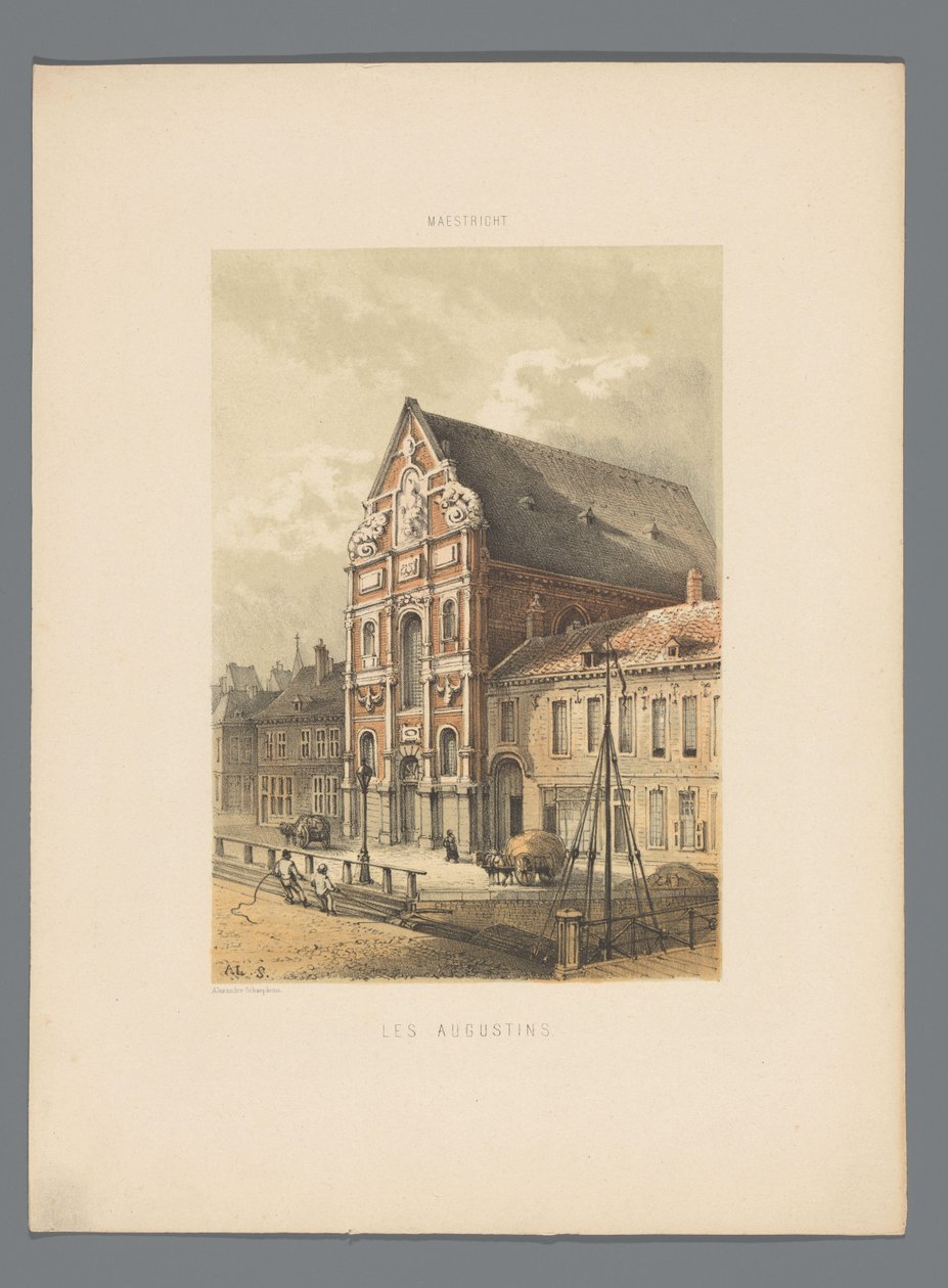 Augustinuksen kirkko Maastrichtissa Les Augustins (otsikko esineessä) Monuments de Maastricht (sarjan nimi) tekijältä Alexander Schaepkens