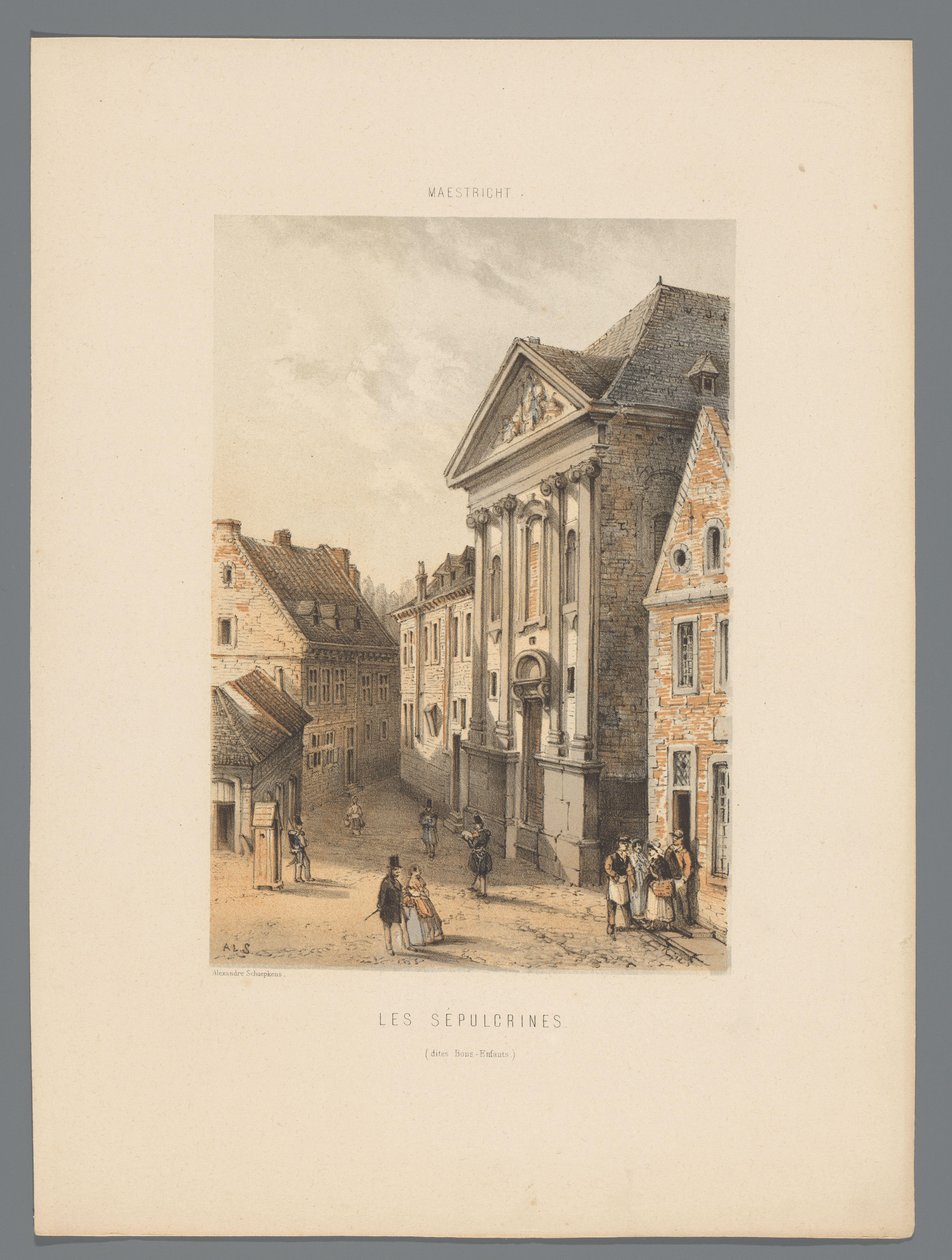 Bonnefanten Klooster te Maastricht Haudat (Bons-Enfants-sivustot) (otsikko esineessä) Maestrichtin muistomerkit (sarjan nimi) tekijältä Alexander Schaepkens